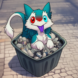 ambiguous_anthro ambiguous_gender anthro blep blue_eyes container fur green_body heterochromia in_container looking_at_viewer markings outside purple_tongue red_eyes red_markings solo tail tail_tuft telegram telegram_logo text tongue tongue_out trash trash_can tuft white_body white_fur sergalbutt sparkz_(sergalbutt) sergal 1:1 director_name signature url