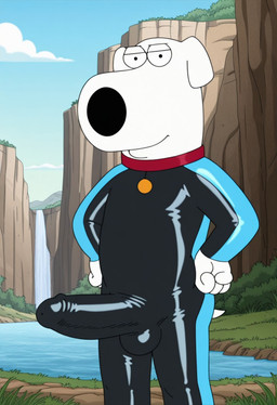 anthro balls big_balls big_penis cliff clothed clothing collar fur genitals humanoid_genitalia humanoid_penis looking_at_viewer male outside penis smile solo tight_clothing wetsuit white_body white_fur boxen549 family_guy brian_griffin canid canine canis domestic_dog mammal hi_res