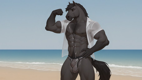 abs anatomically_correct animal_genitalia balls beach biceps black_body bodily_fluids body_hair brown_eyes clothed clothing cum cum_on_body detailed_background flexing_biceps genital_fluids genitals happy_trail male muscular open_clothing open_shirt open_topwear pecs sea seaside sheath shirt solo topwear translucent translucent_clothing translucent_shirt translucent_topwear translucent_underwear underwear water bumblebee95 equid equine horse mammal hi_res