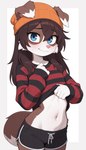 anthro beanie belly blue_eyes blush bottomwear brown_body brown_fur brown_hair cheek_tuft clothed clothing clothing_lift facial_tuft female floppy_ears fully_clothed fur hair hat headgear headwear hotpants katie_(kaltingale) long_hair looking_at_viewer multicolored_body multicolored_fur navel pattern_clothing pink_nose shirt shorts shy simple_background slim smile solo striped_clothing stripes topwear tuft two_tone_body two_tone_fur two_tone_tail white_background white_body white_fur kaltingale_(director) canid canine canis domestic_dog herding_dog mammal pastoral_dog sheepdog hi_res