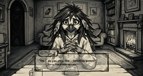 anthro black_body black_claws black_eyes black_feathers bookshelf claws clothing duo feathers female fire fireplace fur furniture hair hands_together hoodie living_room looking_at_viewer mug nervous nervous_expression nervous_smile robe rug shadow shelf sitting sofa solo_focus standing table talons text topwear user_interface video_games visual_novel wall_decorations white_body white_feathers white_fur hummuna gameboy avian bird corvid corvus_(genus) crow oscine passerine absurd_res guide_lines hi_res monochrome sepia sketch