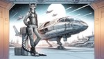 absurd_res aircraft airplane amber_eyes ambiguous_gender anthro flight_suit futuristic hair hands_in_both_pockets hi_res jet leaning leaning_back long_tail looking_at_viewer male markings messy_hair oldhroft pilot sergal sky solo spacecraft spaceport star starry_sky striped_markings striped_tail stripes tail_markings vehicle wallpaper