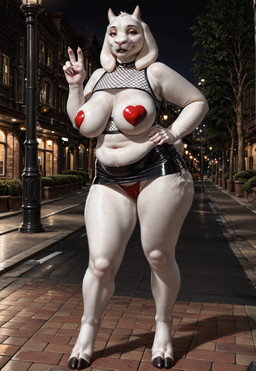 anthro belly big_breasts black_lips bottomwear breasts camel_toe choker chubby_female city city_background claws clothed clothing digitigrade eyelashes female fishnet fishnet_clothing fishnet_topwear front_view fur gesture hand_on_hip hooves horn jewelry latex latex_clothing lips looking_at_viewer mature_female miniskirt navel necklace night nipple_outline outside pasties prostitution sagging_breasts skimpy skirt slightly_chubby smile solo standing street street_lamp thick_thighs thong topwear underwear v_sign white_body white_fur wide_hips chamir136_(director) undertale_(series) toriel bovid caprine goat humanoid mammal full-length_portrait hi_res portrait