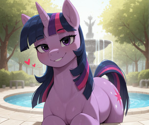 <3 blush cutie_mark day eyelashes female fountain horn mane multicolored_mane multicolored_tail outside purple_eyes smile smiling_at_viewer solo tail raif_ai friendship_is_magic my_little_pony twilight_sparkle_(mlp) equid equine mammal unicorn hi_res