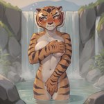 anonymous_director anthro blush breasts covering covering_breasts covering_crotch covering_self felid female hot_spring looking_aside mammal master_tigress muscular muscular_female nude_female outdoor_nudity pantherine partially_submerged solo surprise tiger water waterfall