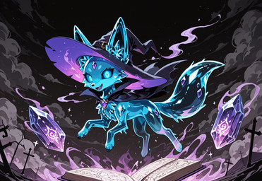 blue_eyes book cape clothing crystal feral floating hat headgear headwear magic solo witch_hat icefoxai canid canine fox mammal hi_res