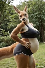 anthro big_breasts black_clothing black_nose bottomwear bra breasts brown_body brown_fur clothing ears_up female fur hands_on_hips hotpants long_tail looking_at_viewer navel nipple_outline orange_eyes outdoors pregnant shorts solo sports_bra underwear whiskers white_body white_fur anonymous_director kangaroo macropod mammal marsupial animated webm