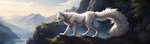 absurd_res ambiguous_gender canid canine canis digitigrade feral fluffy fluffy_tail fur grass green_eyes hi_res mammal mountains nude plant side_view solo white_body white_fur wolf yalonip yiffymix_(model)