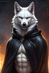 abs absurd_res anthro black_clothing canid canine canis cloak clothing death_(puss_in_boots) fire grin hi_res male mammal muscular smile solo wolf yellow_eyes