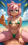 anthro beach bikini clothing duo female looking_at_viewer male palm_tree plant rings sand sea seaside sitting_on_another sonic_the_hedgehog_(series) sunscreen sunscreen_on_body swimwear tree water tricksterfox amy_rose humanoid absurd_res hi_res