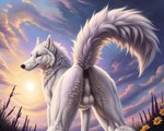 anus arctic_wolf attempted_signature balls black_anus blp butt canid canine canis feral flower fur genitals hi_res looking_back low-angle_view male mammal plant presenting presenting_hindquarters purple_eyes raised_tail smile solo standing white_balls white_body white_fur wolf