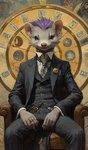 anthro brooch chair clothing detailed_background fur furniture grey_body grey_fur hair male necktie on_chair ornate purple_eyes purple_hair ring_(jewelry) solo suit bahufaru kiley_saint-clair_(bahufaru) mammal mustela mustelid musteline true_musteline hi_res portrait