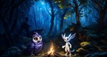 ambiguous_gender anthro beak black_eyes campfire claws depth_of_field detailed_background duo feathers feral forest fur happy leaf night open_mouth orange_eyes plant purple_body rock standing tree white_body white_fur yiffymix_(model) chilon249 ku ori avian bird guardian_spirit owl hi_res shaded