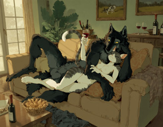 alcohol animal_genitalia anthro anthro_on_anthro balls beverage big_balls black_body black_fur black_sheath bottle breasts casual_nudity claws container cuddling cup detailed_background digitigrade drinking_glass duo embrace eyes_closed female finger_claws fingers food fully_sheathed fur furniture genitals glass glass_container glass_cup grey_body grey_fur grey_sheath inside interspecies larger_male lying male male/female markings multicolored_body multicolored_fur nipples nude on_back on_side on_sofa painting_(object) plant pussy romantic romantic_ambiance romantic_couple sheath size_difference smaller_anthro smaller_female smile sofa striped_body striped_fur stripes table tail tongue tongue_out tuft white_body white_fur white_sheath window wine wine_bottle wine_glass yellow_eyes anotheranon canid canine canis domestic_cat felid feline felis mammal wolf absurd_res hi_res
