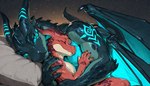 anthro bed cuddling duo eyes_closed furniture glowing glowing_markings horn male male/male markings on_bed scale_(disambiguation) scales size_difference sleeping wings lizardsruntheworld dragon kobold