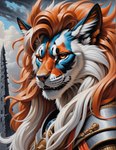 ambiguous_gender anthro armor blue_body blue_fur cheek_tuft cloud facial_tuft fur hair knight long_hair markings messy_hair no_sclera orange_eyes orange_hair outside pink_nose sky solo tower tuft warrior whisker_spots whiskers white_body white_fur wind 7oxytron canid canine canis felid feline hybrid jackal mammal pantherine tiger bust_portrait hi_res portrait