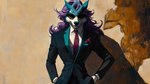 anthro black_eyewear black_suit black_sunglasses blue_body blue_fur dramatic_lighting eyewear fur hair male necktie pocket_square pokemorph purple_hair red_eyes red_necktie solo sunglasses bahufaru faruza_woundclan_(bahufaru) generation_2_pokemon legendary_pokemon pokemon_(species) suicune