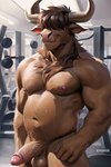 anthro balls belly_button bovid bovine brown_body cattle genitals hair hair_over_eyes highland_cattle horn male mammal musclegut muscular nipples penis pink_nipples sharktail26 smile solo tuft