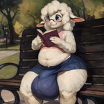 absurd_res anthro big_bulge bottomwear bovid bulge caprine clothed clothing doggyai eyewear fur girly glasses hi_res huge_bulge huge_hips hyper hyper_bulge male mammal miniskirt navel park sheep skirt slightly_chubby smile solo white_body white_fur