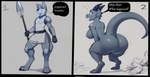 anthro armor big_breasts blubtf breasts butt canid canine canis clothed clothing comic curvaceous curvy_figure exposed female fur gender_transformation grey_body grey_fur hi_res horn huge_ass kobold looking_at_viewer magic male mammal melee_weapon mtf_transformation nipples nude polearm presenting scales scalie seductive sequence short_stack simple_background solo solo_focus spear species_transformation text thick_thighs torn_clothing transformation tunic voluptuous weapon wide_hips wolf