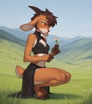 anthro bottomwear clothing cloven_hooves crouching female flower fur gwen_(nonimousmate) hair happy hooves horizontal_pupils horn orange_body orange_eyes orange_fur outside plant pupils short_hair skirt smile solo tail bovid caprine goat mammal hi_res