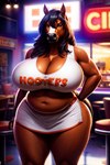 anthro big_breasts black_hair bottomwear breasts cleavage clothed clothing curvy_figure female hair hooters miniskirt overweight skimpy skirt solo waitress wide_hips thesouthkorean23 equid equine horse mammal