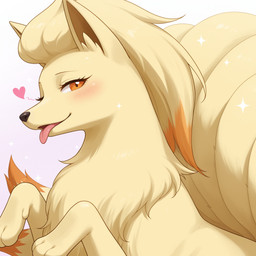 <3 ambiguous_gender blush canine_nose chest_tuft dewclaw feral fluffy fur hair heart_symbol looking_at_viewer mane mane_hair multi_tail one_eye_closed orange_body orange_eyes orange_fur paws simple_background smile solo sparkles tail tan_body tan_fur tongue tongue_out tuft wink winking winking_at_viewer notthatclassic nintendo pokemon canid canine canis generation_1_pokemon mammal ninetales pokemon_(species) absurd_res hi_res