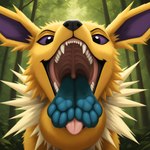 blue_pawpads duo fangs feral male neck_bulge pawpads swallowing tongue vore thedavid nintendo pokemon eeveelution generation_1_pokemon generation_4_pokemon glaceon jolteon pokemon_(species) hi_res