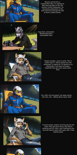 anthro armor group headgear helmet holding_object holding_phone humor lawn_chair male outside phone radio trailer_park_boys mercrantos nintendo star_fox falco_lombardi fox_mccloud wolf_o'donnell avian bird canid canine canis falcon falconid fox mammal wolf absurd_res hi_res meme