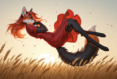 anthro black_body black_fur clothing female field fur hair red_hair solo ft-27 canid canine fox mammal hi_res