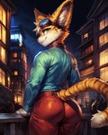 anthro blinx blinx_the_time_sweeper bottomwear butt city city_background clothing collar eyewear eyewear_on_head felid feline gloves goggles goggles_on_head handwear hi_res male mammal pants rear_view solo styx343 topwear