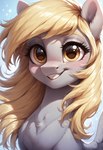 big_eyes blonde_hair cute_expression cute_eyes detailed_eyes female feral fur grey_body grey_fur hair simple_background smile smiling_at_viewer solo wings chacha555 derpy_hooves equid equine horse mammal my_little_pony pegasus pony absurd_res hi_res