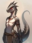 2024 anthro bottomwear clothing jewelry loincloth male necklace red_eyes scales simple_background small_waist solo spiked_tail spikes spikes_(anatomy) tribal tribal_clothing tribal_jewelry tribal_necklace direfelis_(director) lizard reptile scalie hi_res portrait watermark