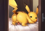 all_fours anus ass_up backsack balls bed black_eyes butt door erection feet feral furniture genitals inside looking_at_viewer looking_back male on_bed penis perineum presenting presenting_anus presenting_hindquarters raised_tail rear_view seductive smile solo tapering_penis tired tuft yellow jomisa nintendo pokemon generation_1_pokemon pikachu pokemon_(species)