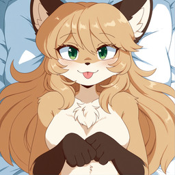 anthro bed female fur furniture green_eyes looking_at_viewer lying naturally_censored on_back orange_body orange_fur solo tongue tongue_out yellow_body yellow_fur henriqueplytz averi_(fiddleafox) canid canine fox mammal 2026 hi_res
