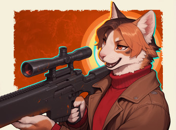 abstract_background anthro clothing fur gun hair holding_gun holding_object holding_weapon jacket leather leather_clothing leather_jacket leather_topwear male mottled multicolored_body multicolored_fur multicolored_hair open_mouth orange_eyes piebald ranged_weapon rifle sniper_rifle solo sweater topwear turtleneck weapon cerinil calico_cat domestic_cat felid feline felis mammal hi_res