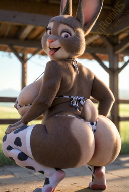 ahegao anthro barn bed big_breasts bikini breasts butt clothing cow_print_bikini crouching disney female furniture huge_breasts legwear looking_pleasured mature_female micro_bikini shaking_butt solo swimwear teasing wide_hips vlrgromns zootopia bonnie_hopps lagomorph leporid mammal rabbit animated webm