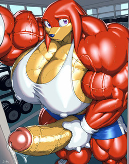 anthro balls big_balls big_muscles big_penis bodily_fluids clothing confused_expression excessive_genital_fluids excessive_precum genital_fluids genitals gloves gym gym_clothing handwear huge_balls huge_muscles huge_penis hyper hyper_balls hyper_genitalia hyper_muscles hyper_pecs hyper_penis looking_at_viewer male muscular notimportant penis precum purple_eyes selfie solo standing sweat vein veiny_muscles veiny_penis sega sonic_the_hedgehog_(series) knuckles_the_echidna echidna mammal monotreme hi_res