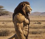 anthro detailed_background fur grass male mane muscular plant savanna side_view solo unknown_director felid lion mammal pantherine hi_res