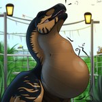 close-up day eyes_closed feral green_body green_scales looking_pleasured male markings motion_lines neck_bulge oral_vore outside scales solo striped_markings stripes swallowing teeth vore loganth dinosaur dromaeosaurid reptile scalie theropod