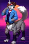 2023 2:3 artfulasylum belt black_claws black_nose blue_clothing blue_eyes blue_eyewear blue_jacket blue_sunglasses blue_topwear bottomless bottomless_male bottomless_taur brown_hair canid canid_taur canine canine_taur canis claws clothed clothing countershading detailed_background digitigrade dipstick_tail ear_piercing ear_ring eyewear fist fur grey_body grey_fur hair hand_in_pocket hi_res inner_ear_fluff jacket leg_warmers legwear louie_(dragonheart07) male male_taur mammal mammal_taur markings multicolored_body multicolored_fur open_clothing open_jacket open_topwear piercing pockets purple_clothing purple_shirt purple_topwear quadruped raised_tail ring_piercing shirt smile solo standing sunglasses synthwave tail_markings taur topwear tuft white_body white_fur wolf wolf_taur