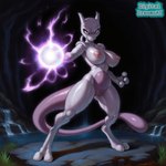 2_toes 3_fingers angry anthro athletic big_breasts bodily_fluids breasts cave cavern confident countershading dirt feet female fighting_pose fingers fur genitals grass inside long_tail looking_at_viewer nipples nude plant pose psychic_energy psychic_powers pupils purple_eyes pussy rock slim small_pupils smile smirk solo sweat sweaty_body sweaty_breasts sweaty_legs tail toes water waterfall wet wet_body white_body white_fur digitaldreamsai nintendo pokemon generation_1_pokemon legendary_pokemon mewtwo pokemon_(species) 1:1 hi_res