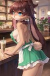 anthro apron apron_only beverage blue_eyes breasts brown_body brown_fur brown_hair butt clothing coffee female foxgirlai fur hair lagomorph leporid looking_away lop_(star_wars_visions) mammal mostly_nude neck_tuft rabbit side_boob solo tuft