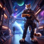 5_fingers alien_planet anthro armor background_character ballistic_vest belt black_stripes blue_eyes clothing felid fingers fur gun male mammal markings meteor_shower nikkolaus orange_body orange_fur pantherine planet ranged_weapon rifle solo space space_station spacecraft spacecraft_interior striped_body striped_fur striped_markings striped_tail stripes tail_markings tiger uniform vehicle weapon