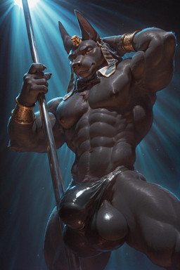 balls big_balls big_bulge black_body black_fur bulge fur genitals male pharaohanubis solo anubis anubian_jackal canid canine canis deity egyptian_god jackal mammal absurd_res hi_res