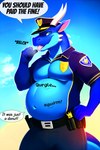 after_vore anthro belly big_belly blue_body blue_eyes bodily_fluids burping clothing day male police saliva smug solo uniform vore loganth dragon comic hi_res