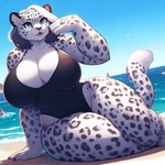 2d anthro beach big_breasts blackgum blue_eyes breasts brown_nose claws clothing eyeliner fangs felid female gray_hair hair inner_ear_fluff makeup mammal one-piece_swimsuit open_mouth overweight pantherine sand sea seaside smile snow_leopard solo swimwear teeth thick_thighs tuft water white_hair wide_hips