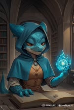 anthro blinking blue_body blue_clothing blue_scales book bookshelf breasts brown_eyes capelet claws cleavage clothed clothing female furniture glowing hood horn ice inside library looking_at_object magic_user medieval medieval_clothing scales small_breasts solo table yellow_sclera fenix_ai kobold animated watermark webm