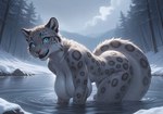 anthro big_breasts big_butt blue_eyes breasts butt cloud female happy nipples river snow_on_ground solo kathrin_(director) felid mammal pantherine snow_leopard absurd_res hi_res