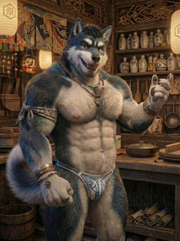 anthro bandanna blue_body blue_fur clothed clothing fur furniture inside kerchief lamp lantern looking_at_viewer male muscular muscular_anthro muscular_male night smile solo standing store thong underwear wristband sweet_husbando canid canine canis mammal wolf absurd_res hi_res